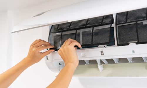 Dirty air conditioner filter need cleaning. Air conditioner service, repair and clean equipment. Ductless ac filter